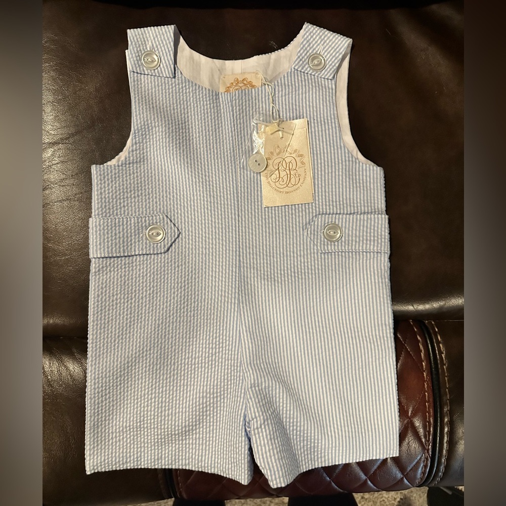 Light blue seersucker baby overalls